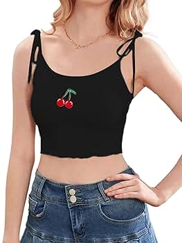 SHENHE Women's Cherry Crop Tops Sleeveless Spaghetti Strap